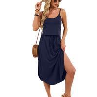 Spring Summer New Solid-Color U-Neck Camisole Drawstring Slit Dress