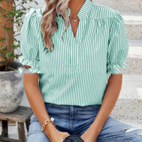 Pullover V-neck Ruffle Sleeve Top Women's Striped Chiffon Shirt