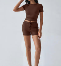 New Breathable Yoga Short-Sleeve Top And Shorts Drawstring Casual Sports Womens Set