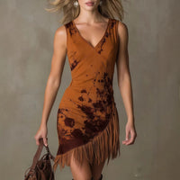 Fringed Ink-Print Mini V-Neck Dress