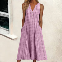 Fashionable Pocketed V-Neck Striped Sleeveless Casual Dress