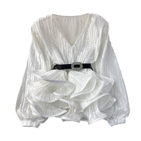 Lantern Long Sleeve V-neck Loose Belly-covering Waist Ruffle Hem Pullover Shirt