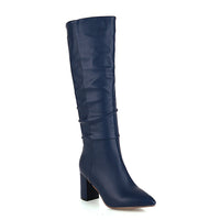 Womens Fleece-Lined Mid-Calf Pointed-Toe Chunky-Heel Boots