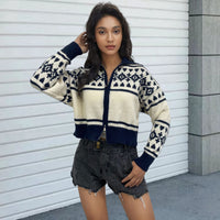 Women's Contrast Color Jacquard Weave Zip Knitwear