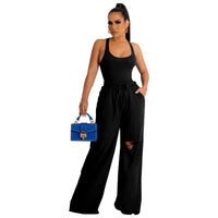 U-collar Jumpsuit Ripped Wide-leg Pants Suit