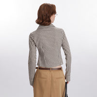 Plaid Pleated Design Shirt Womens Short Slim-Fit Long-Sleeve Top In A Sassy Style