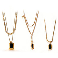 Vintage Stackable Double Layer Oval Black Onyx Pendant Necklace, 18K Gold Plated Square Black Zircon Clavicle Chain