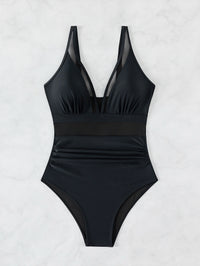 Pure Color Mesh Halter Bikini One-piece Swimsuit