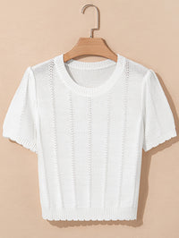 Stylish French-style Crew-neck Mesh Hollow-out Knit Short-sleeve Top
