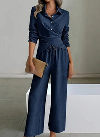 Women's Elegant Shirt Top And Wide-Leg Pants Two-Piece Set