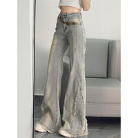 Plus-size American High-street Raw-edge Patchwork Bootcut Jeans