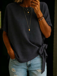 Womens Summer New Solid Color Short-Sleeve Loose T-Shirt With Knotted Hem