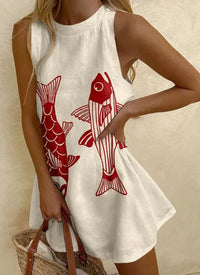 Women's Cotton & Linen Fish Print Wave Edge Mini Dress