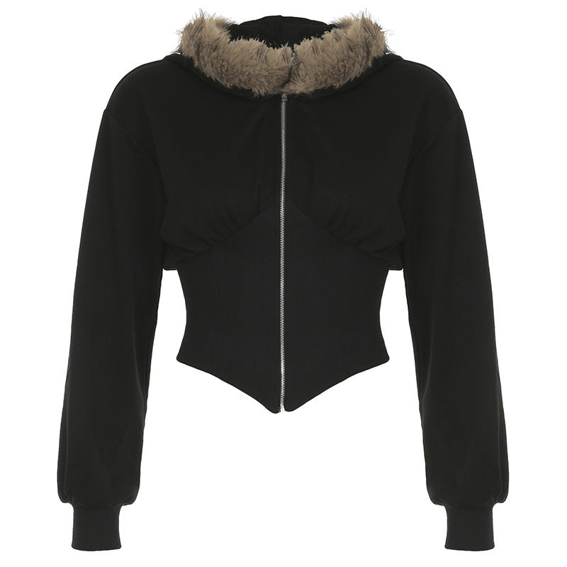 Women's Cardigan Fur Collar Stitching Hooded Top