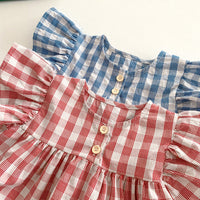 Cotton Thin Plaid Short Sleeve Shorts Suit Girls