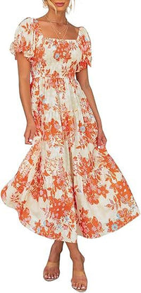 Bohemian Floral Square-Neckline Resort Long Dress