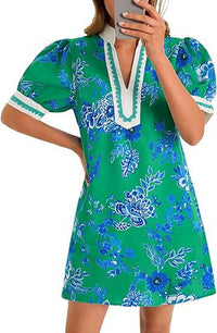 Casual Floral Puff Sleeve V-Neck Colorblock Loose Dress