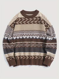 Pullover Round Neck Long Sleeves Contrast Color Diamond Patterns Sweater