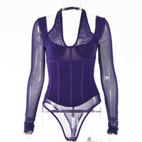 Halterneck Jumpsuit Solid Color See-through Long Sleeves