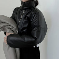 Warm Loose Versatile Short PU Leather Cotton Jacket For Women