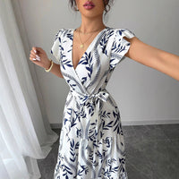 A-line Dress With Lace-up Details And Short Sleeves