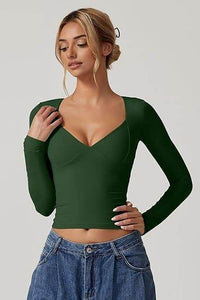 Women's Long Sleeve V-neck Midriff-baring Top T-shirt