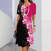 Artistic Floral-print Short-sleeve Outfit Elegant Loose-fitting Dress