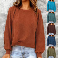 Fashionable Solid-Color Waffle-Knit Long-Sleeve Pullover Top