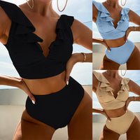 Crinkled Lace Double Strap High Waist Split Swimsuit
