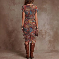 Womens Slim-fit Printed V-neck Defined-waist Dress
