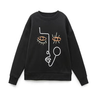 European And American Striped Facial Makeup Embroidered Pattern Loose Round Neck Sweater