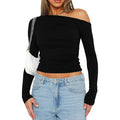 Women's Slanted Shoulder Tight Fitting Long Sleeved Shirt