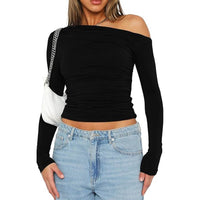 Women's Slanted Shoulder Tight Fitting Long Sleeved Shirt