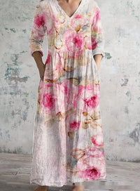 Womens 3D Floral Print Mid-Length Sleeve Dress With Patterned Background