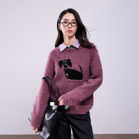 Dog Jacquard Retro Crew Neck Pullover Sweater