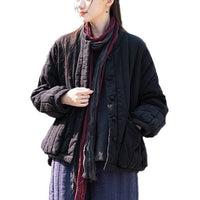 Womens Retro Colorblock Button-Loop Loose Short Cotton Padded Jacket