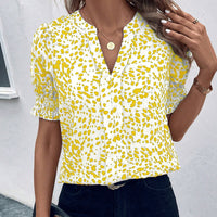 Women's Casual V-Neck Printed Pleated Short-Sleeve Chiffon Blouse