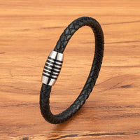 Men's 6mm Stainless Steel Magnetic-Clasp Leather Braided Bracelet
