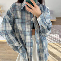 Women's Classic Lapel Long Sleeve Plaid Casual Loose Shirt