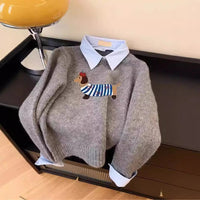 Puppy Cartoon Soft Glutinous Gray Fake Two Pieces Shirts Sweater