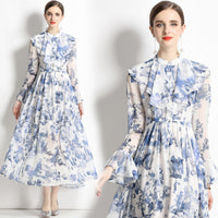 Arrival Stand Collar Ink-Printed Slim-fit Figure-flattering Long-sleeve Shirt Dress