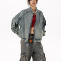 Retro Short Frayed Hem Denim Jacket Women's Stand Collar Loose Design Patchwork Top
