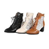 Lace Hollow-out Spliced Chunky Heel Lace-up Women's Ankle Boots