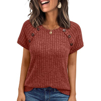 Womens Ribbed Crew-neck Button-panel Short-sleeve Top