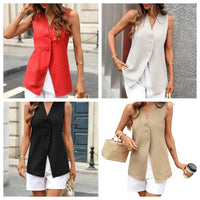 Solid-color Sleeveless Cotton-linen Womens Top