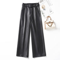 Womens Straight-Leg Leather Pants High-Waisted Fashionable Wide-Leg Pants