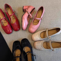 Carved High Heels Female Square Toe Genuine Leather All-match