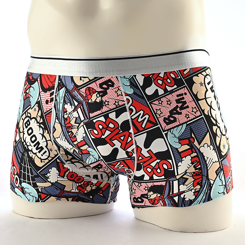 Cartoon Men's Boxer Panties Ice Silk Print Floral Mid-waist Breathable Boxers