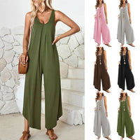 Women's Casual Sleeveless V-neck Pocket Wide Leg Jumpsuit