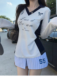 American Contrast Color Loose Long Sleeve Shirt